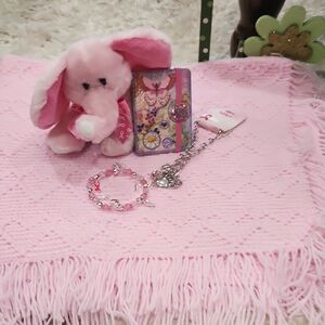 Pink Plush Elephant Gift 4pc Bundle with Blanket, Pink Bracelet